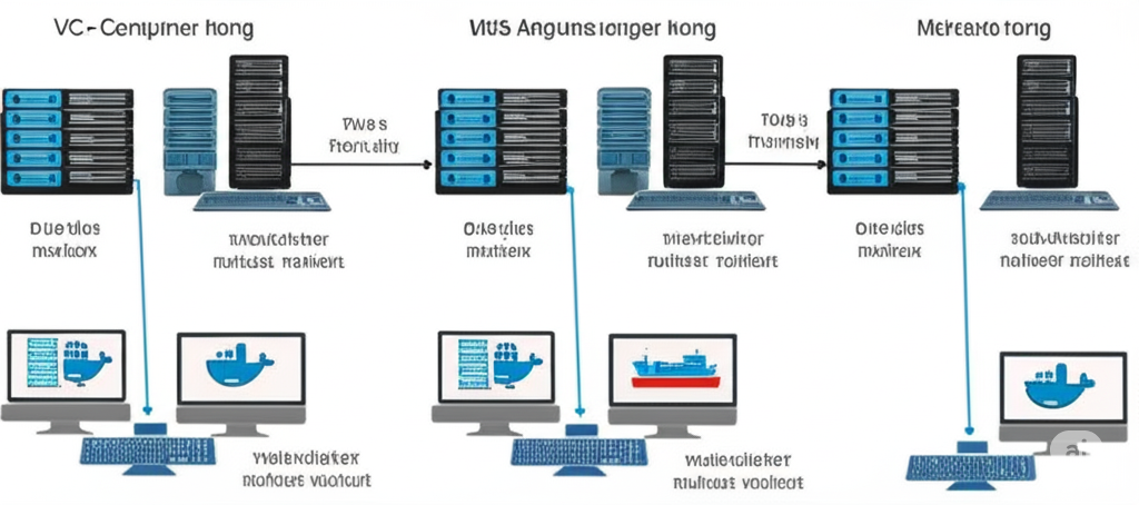 So sánh việc triển khai ứng dụng truyền thống (bên trái) và sử dụng Docker (bên phải), cho thấy sự gọn gàng và hiệu quả của Docker.